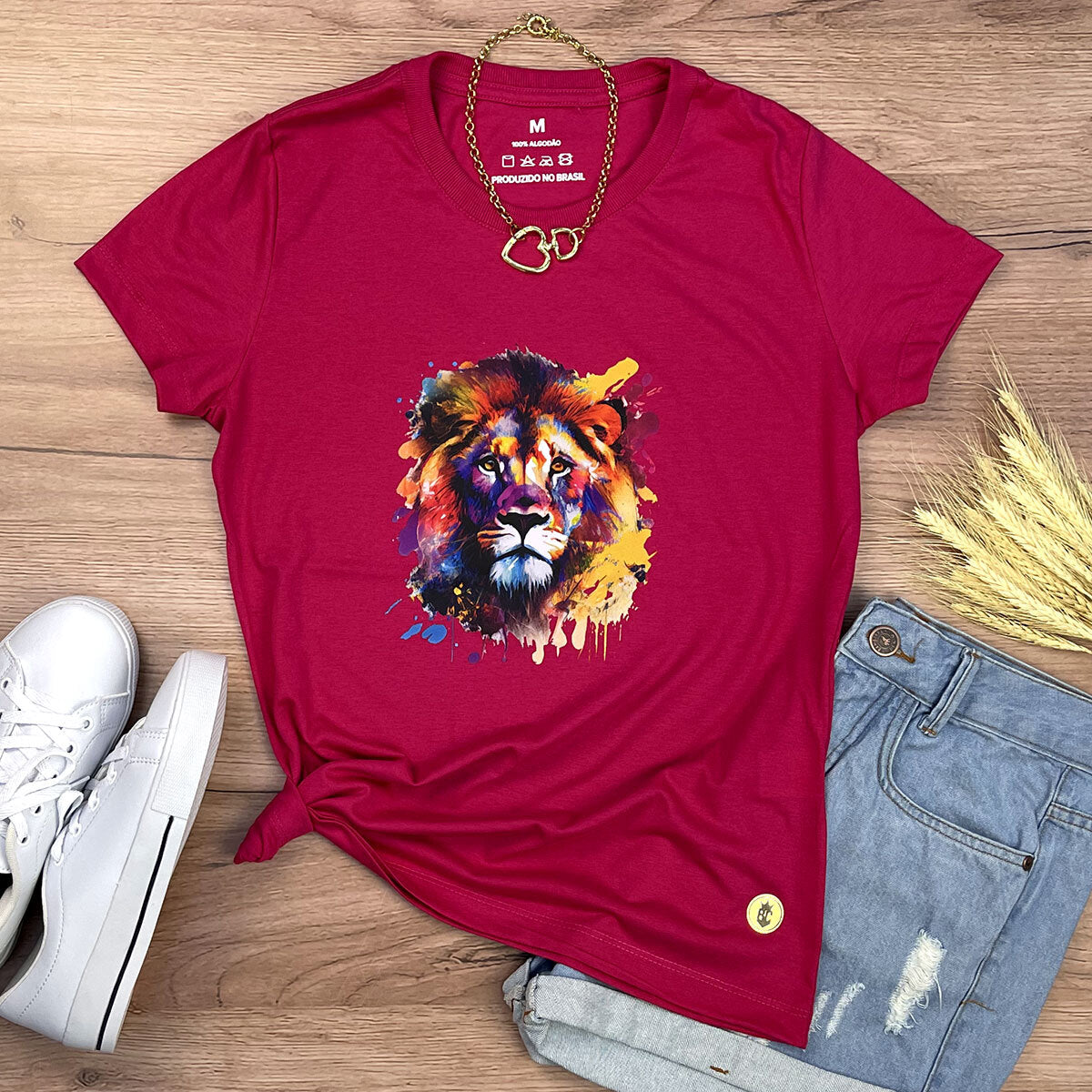 Camiseta Feminina Pink Leão Colorido