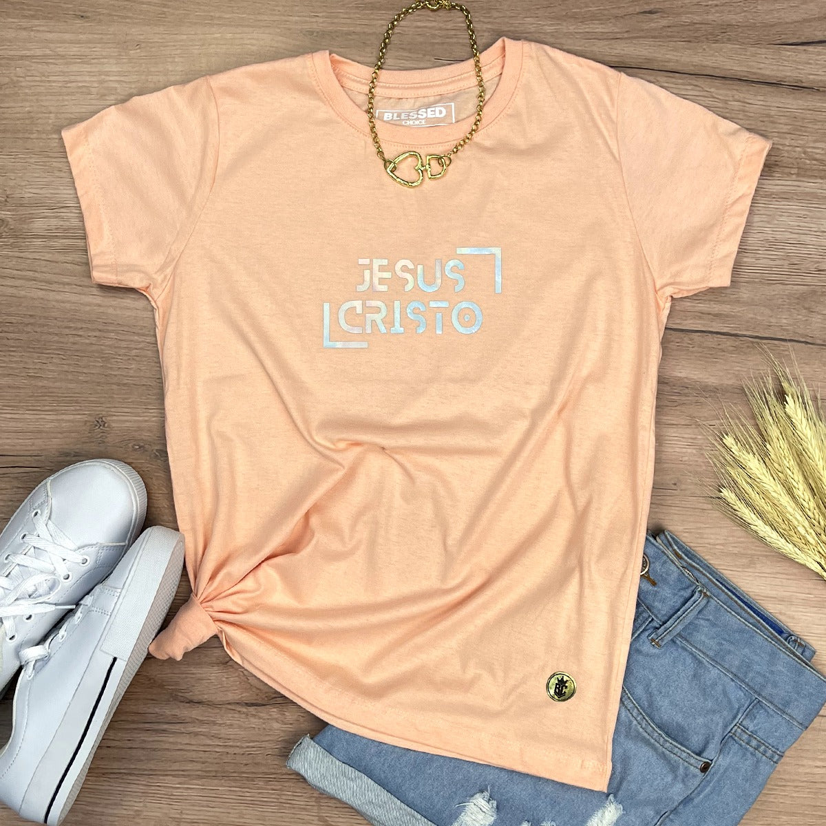 Camiseta Feminina Salmão Jesus Cristo Holográfico