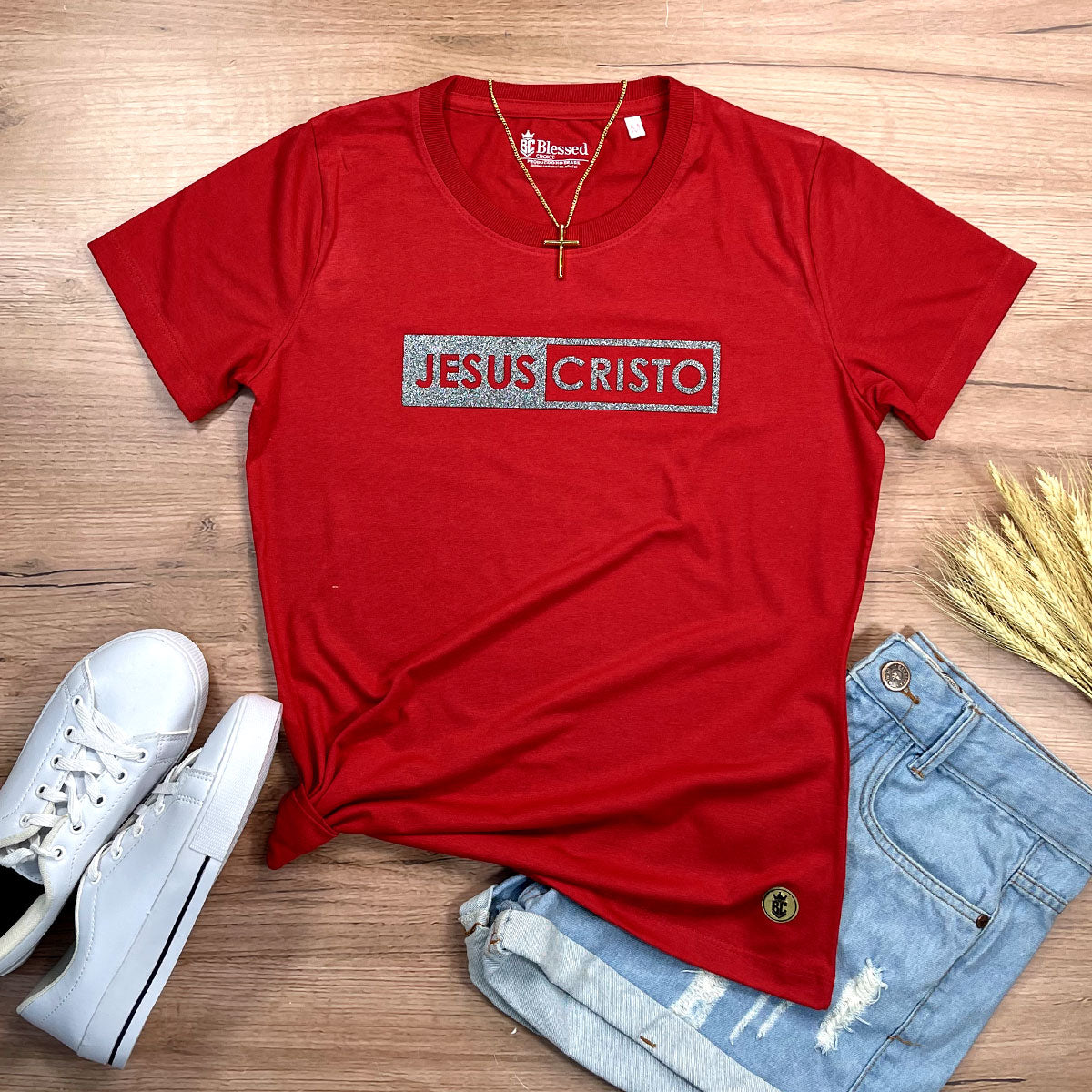 Camiseta Feminina Vermelha Jesus Cristo Glitter