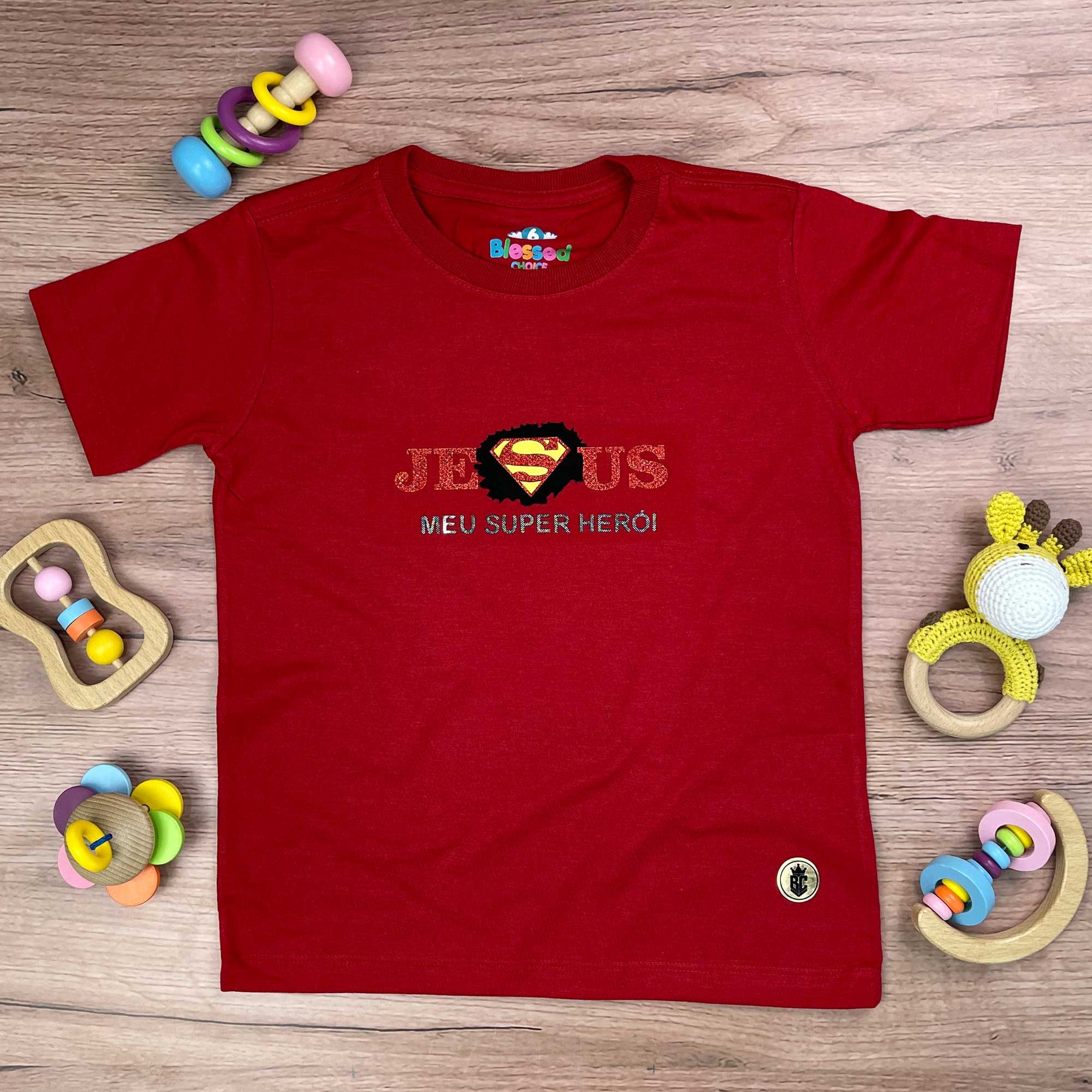 T-Shirt Infantil Vermelha Jesus Meu Super Herói