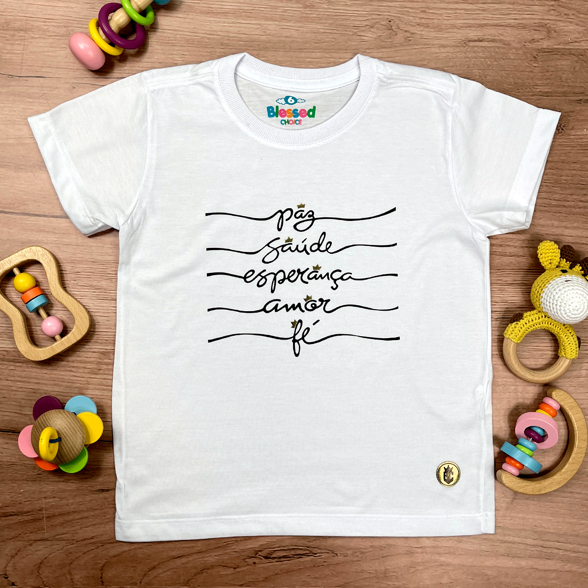 T-Shirt Infantil Branca Paz Saúde Esperança Coroa