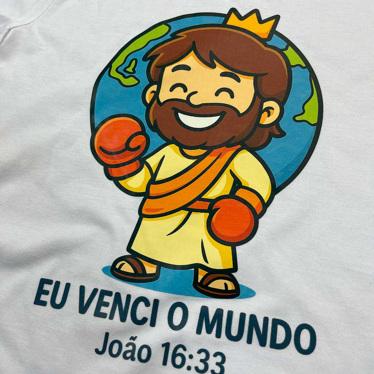 T-Shirt Infantil Branca Eu Venci o Mundo