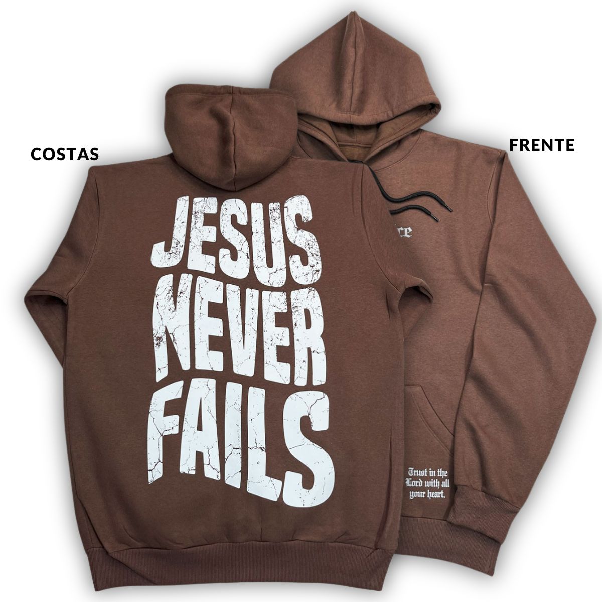 Moletom Canguru Com Capuz Marrom Jesus Never Fails
