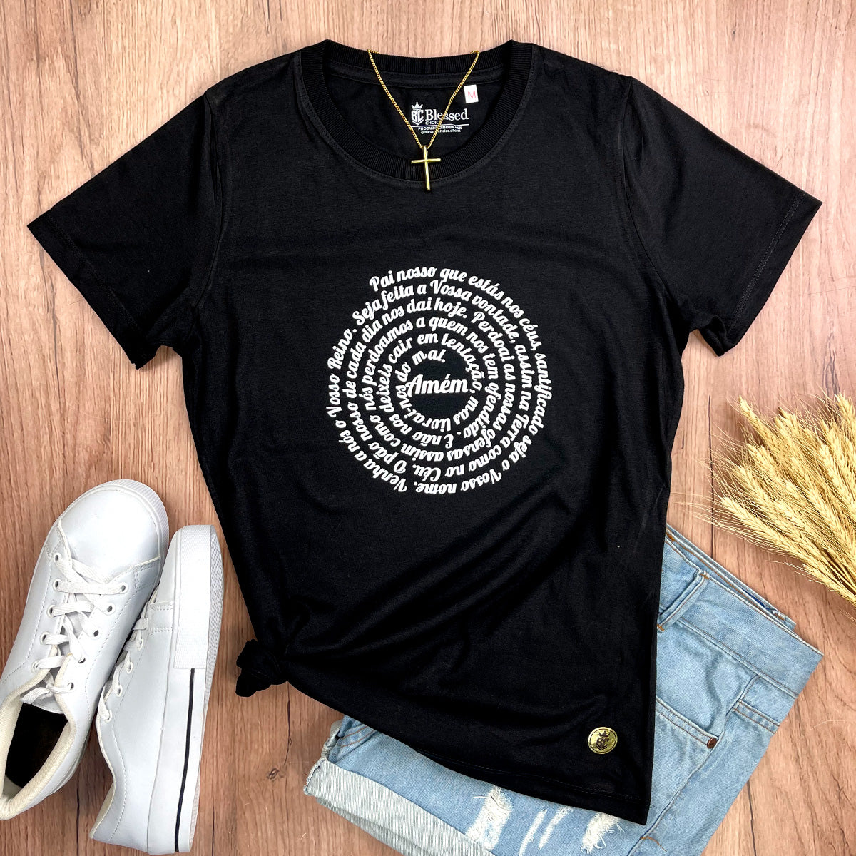 Camiseta Feminina Preta Oração Pai Nosso