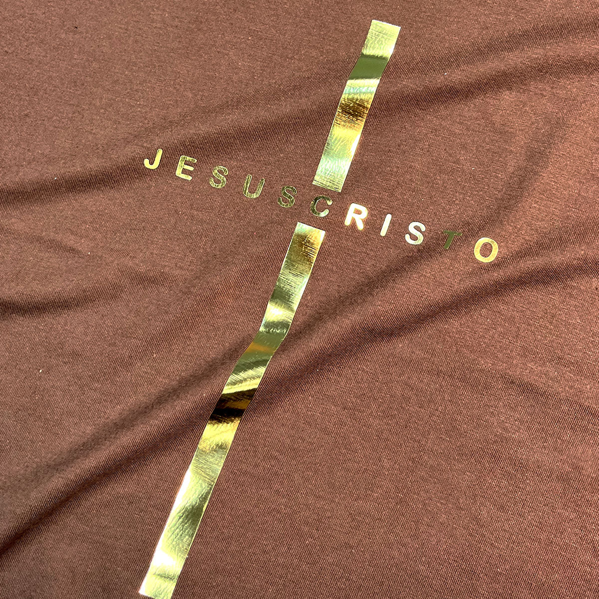 Camiseta Feminina Marrom Cruz Dourada Jesus Cristo