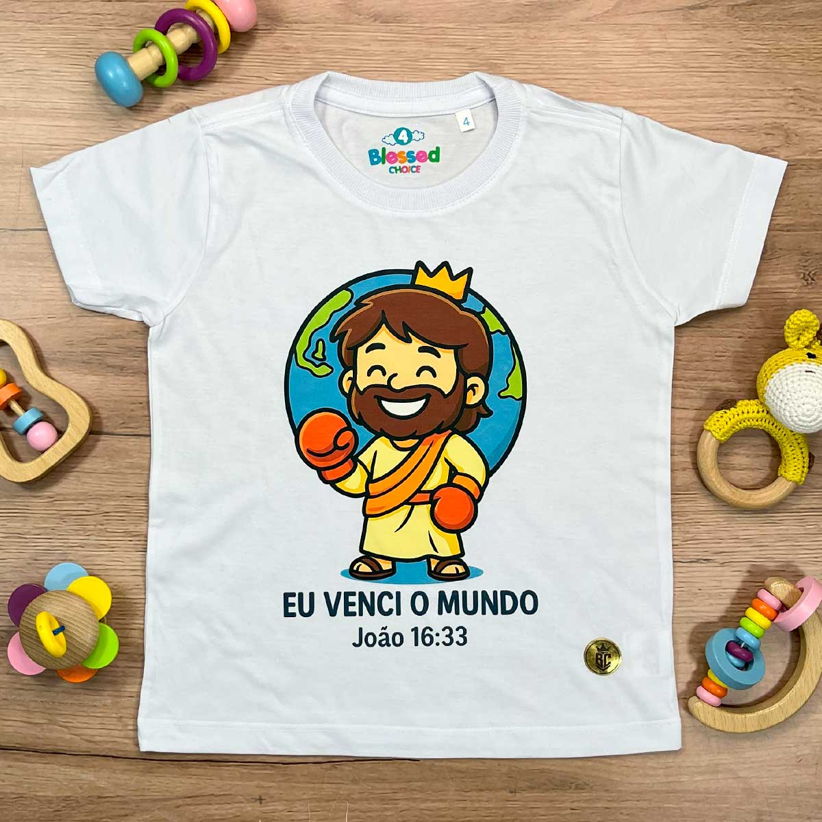 T-Shirt Infantil Branca Eu Venci o Mundo
