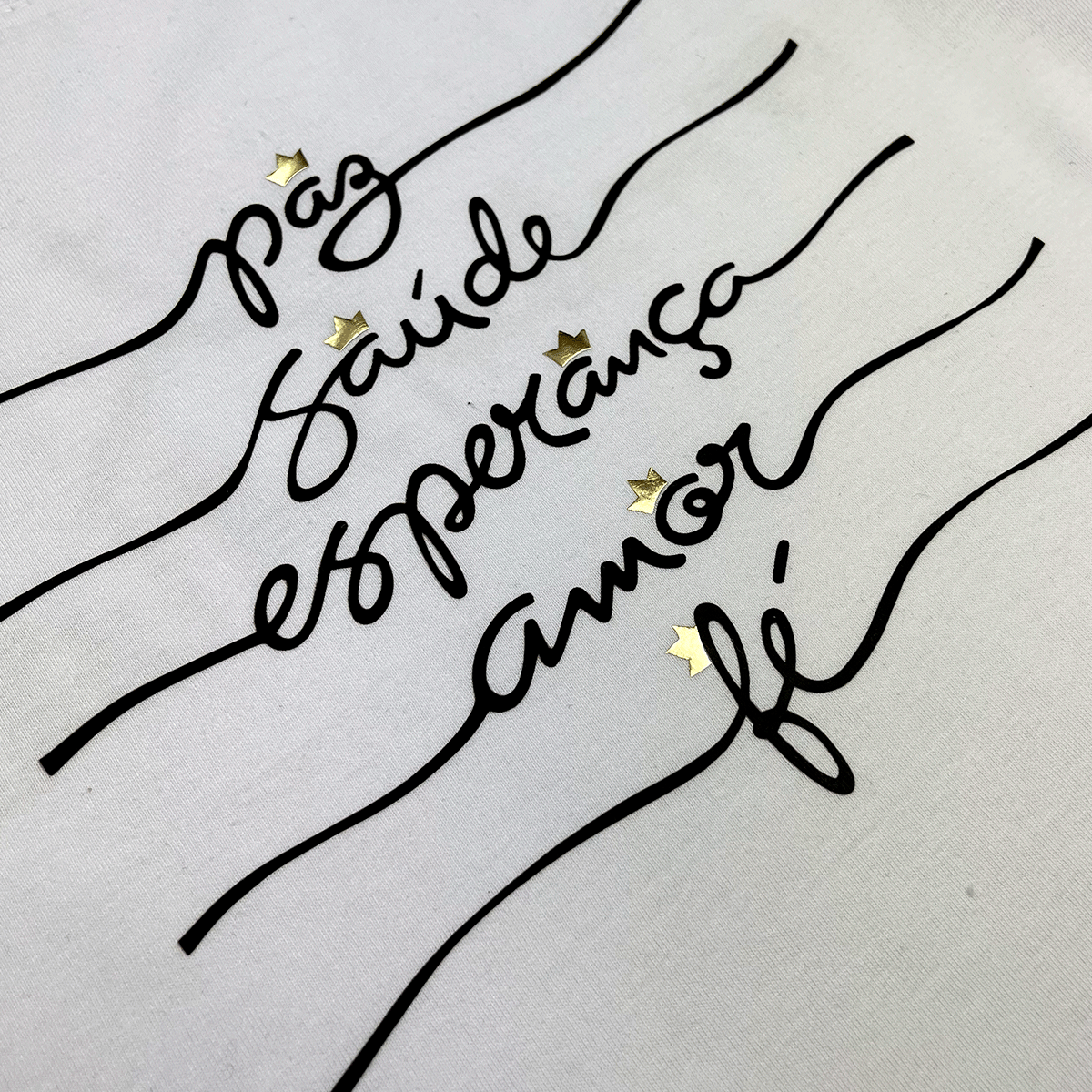 T-Shirt Infantil Branca Paz Saúde Esperança Coroa