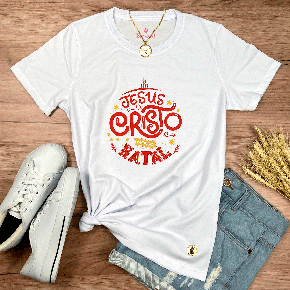 Camiseta Feminina Branca Jesus Cristo Nosso Natal