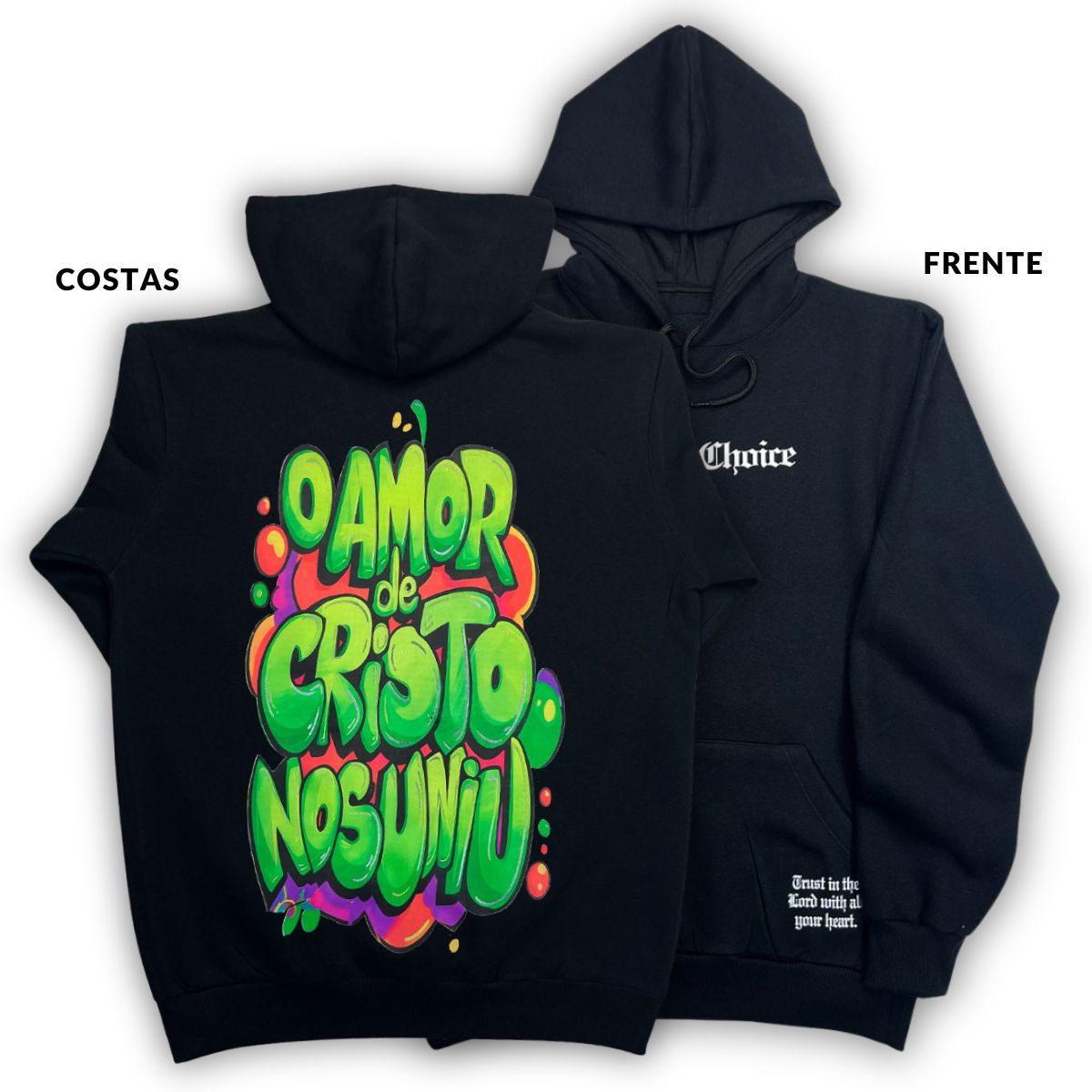 Moletom Canguru Com Capuz Preto O Amor De Cristo Nos Uniu