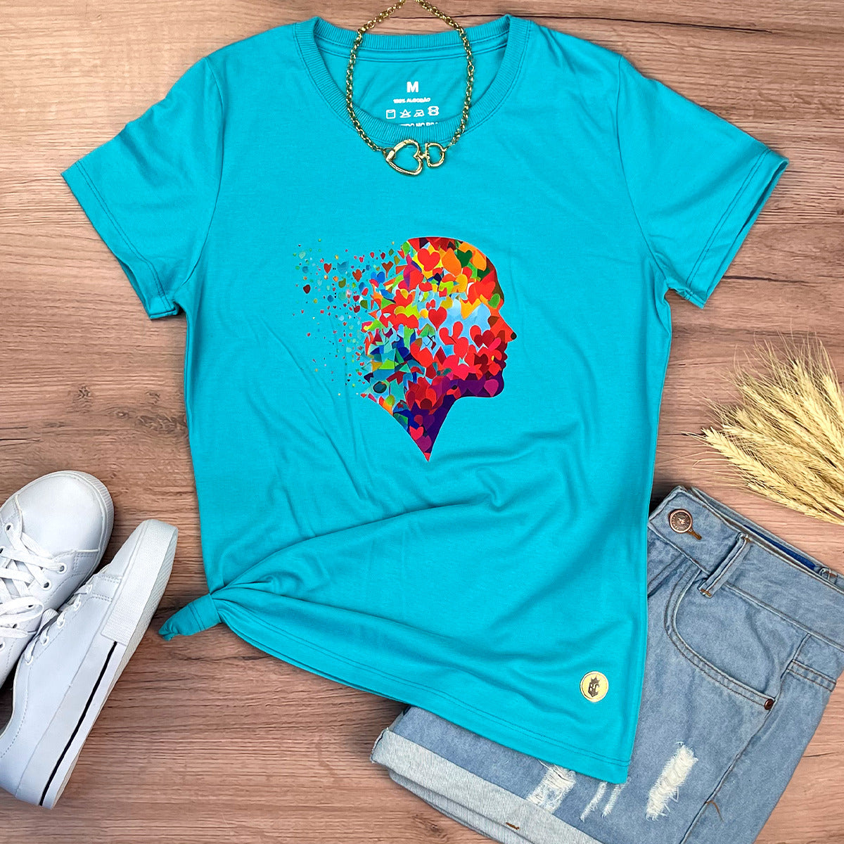 Camiseta Feminina Turquesa Coração Pensamento