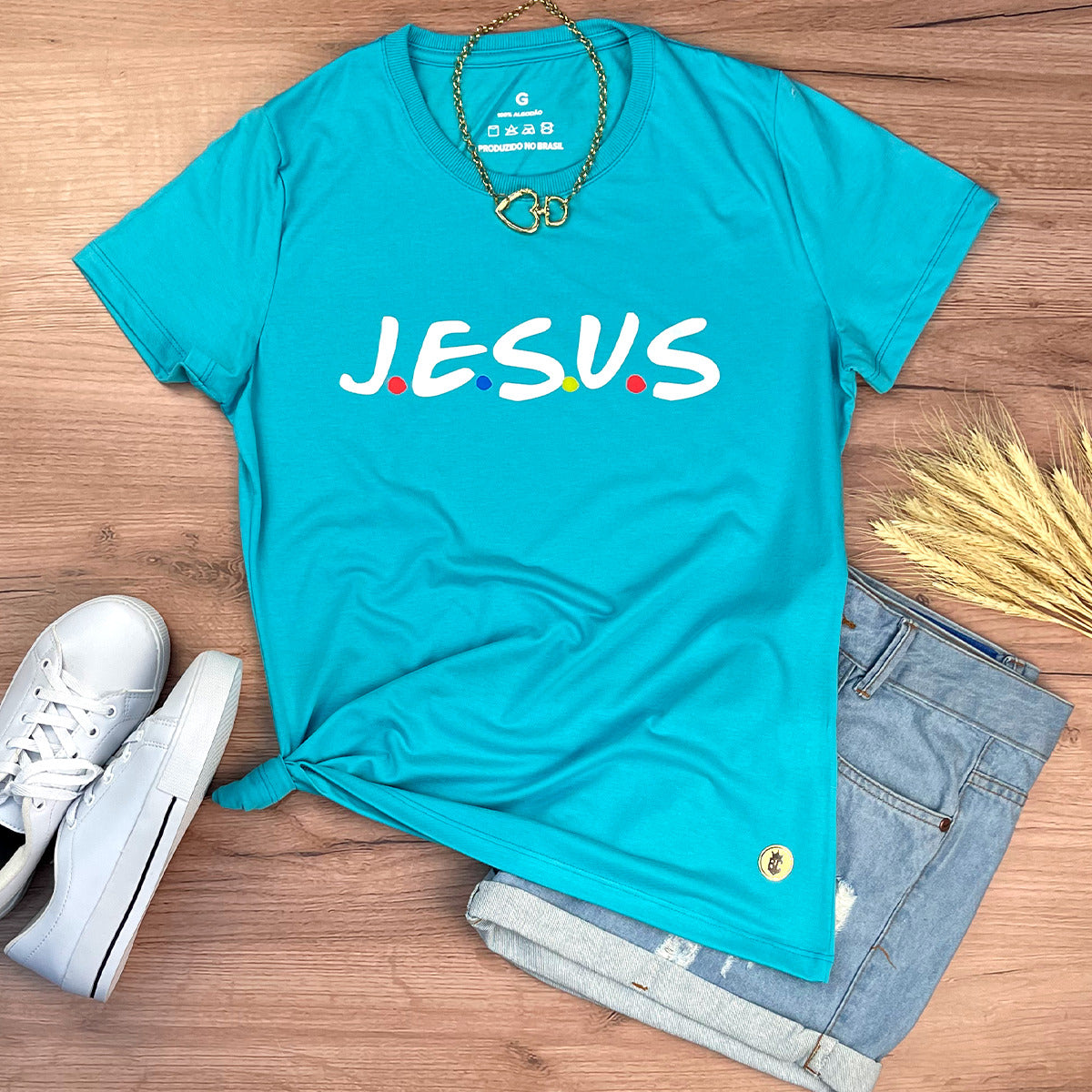 Camiseta Feminina Turquesa J.E.S.U.S