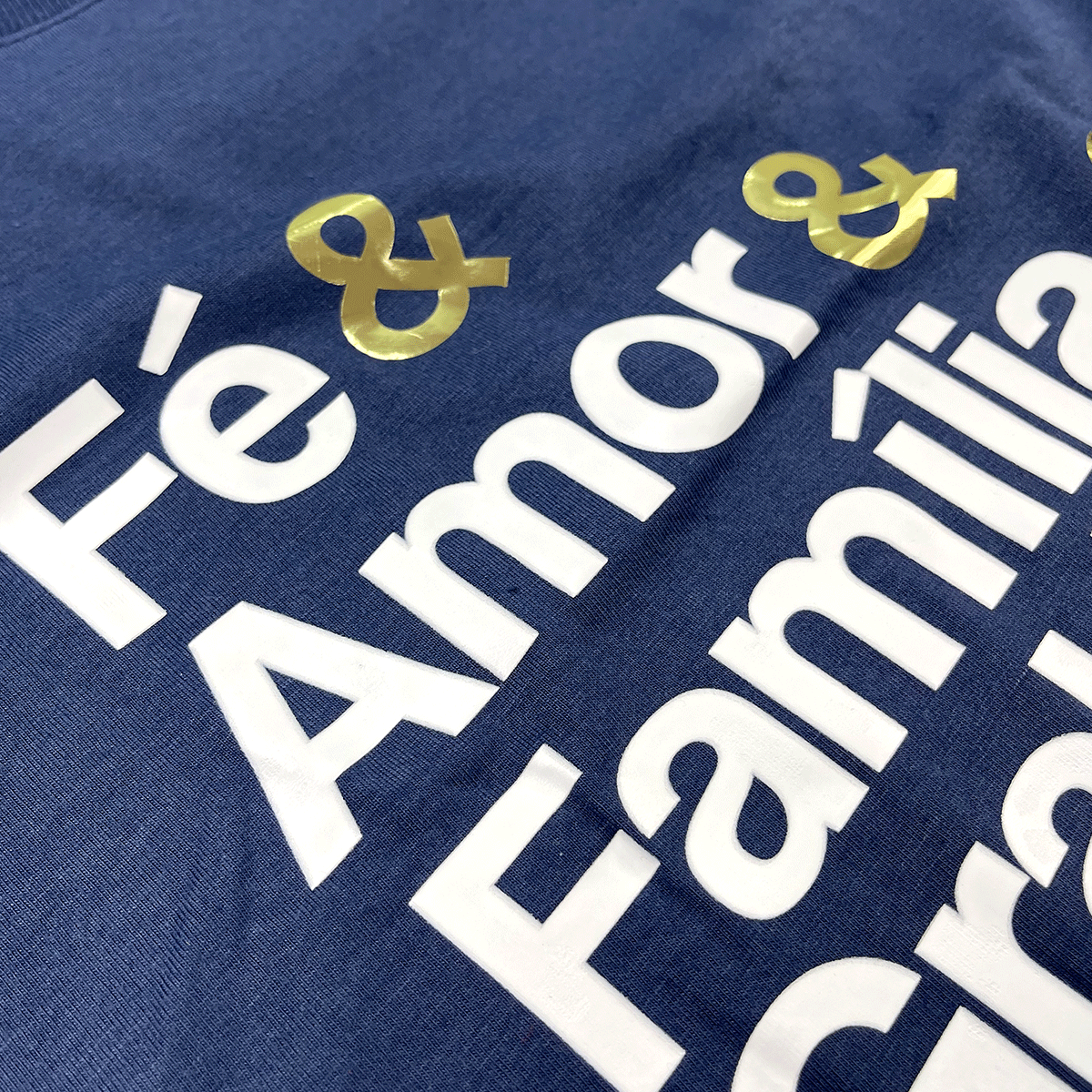 Camiseta Feminina Azul Fé & Amor Dourado