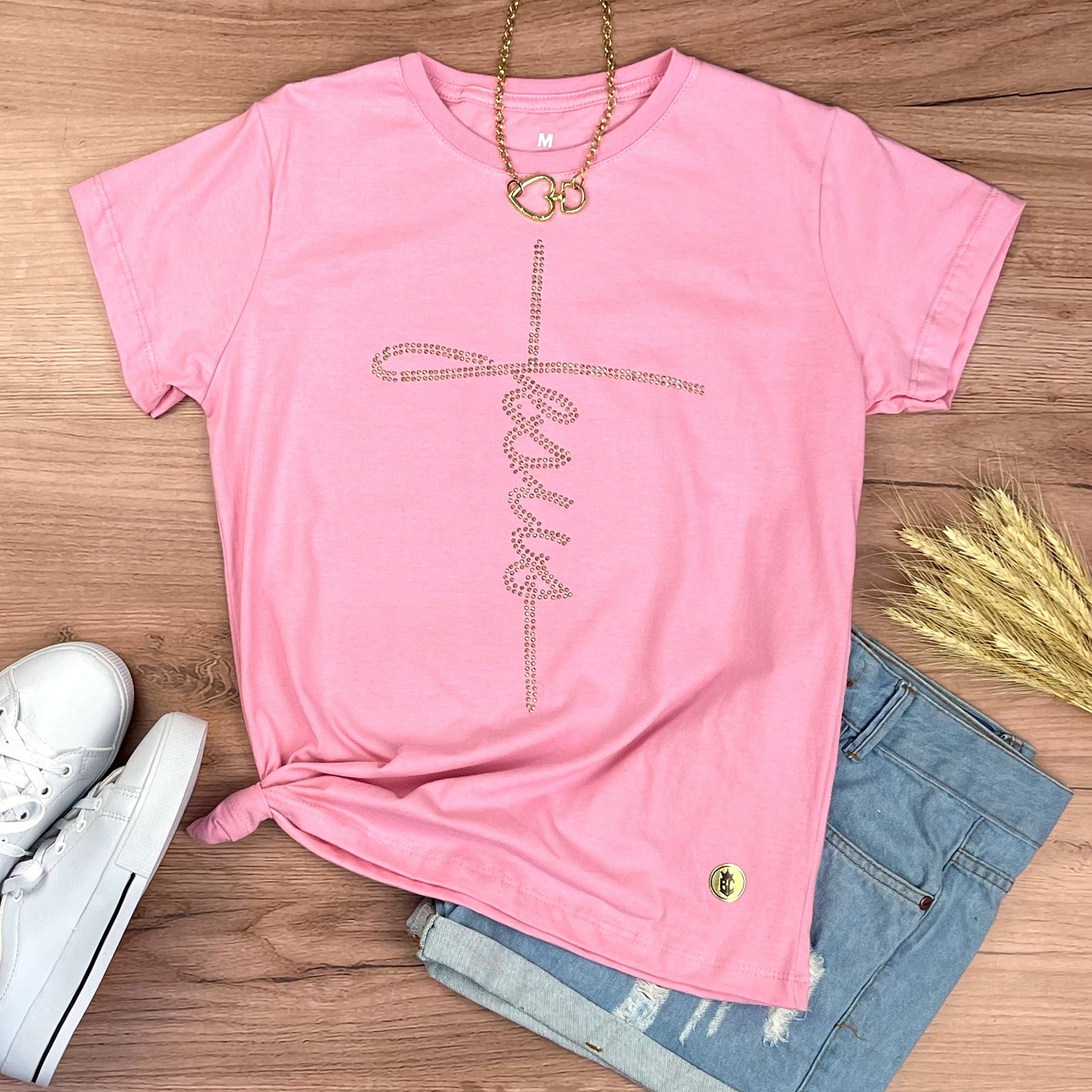 Camiseta Feminina Rosa Jesus Strass