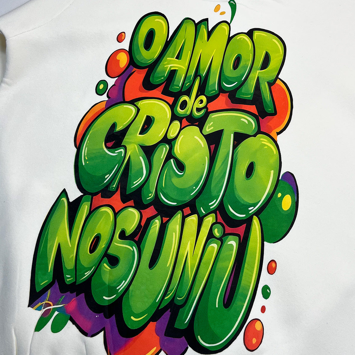 Moletom Canguru Com Capuz Off White O Amor De Cristo Nos Uniu