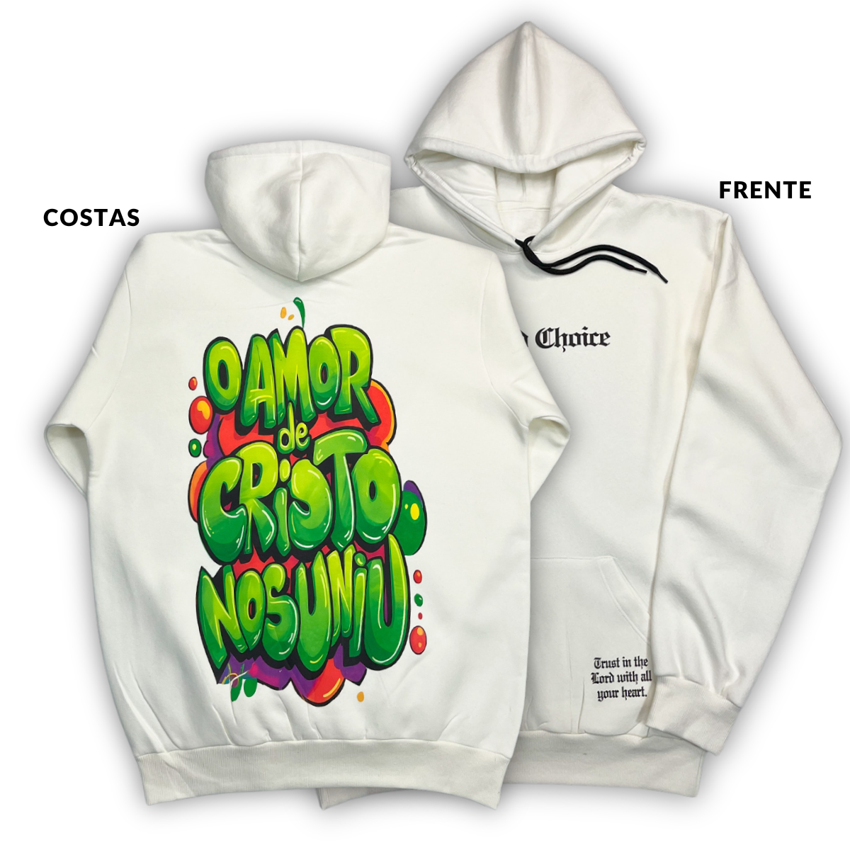 Moletom Canguru Com Capuz Off White O Amor De Cristo Nos Uniu