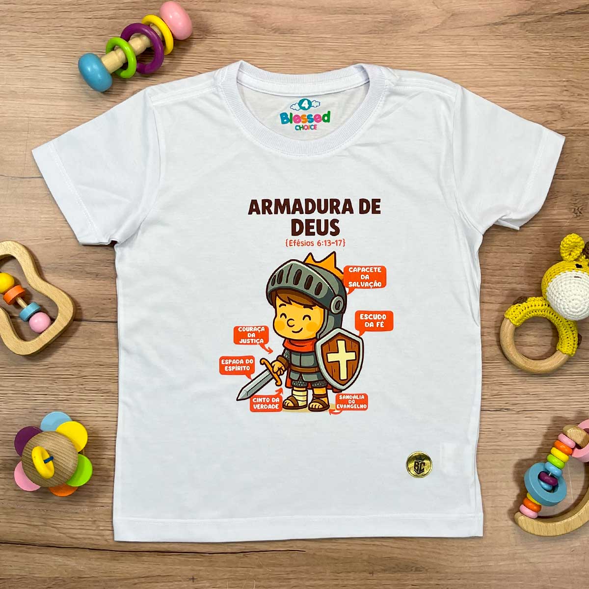 T-Shirt Infantil Branca Armadura De Deus