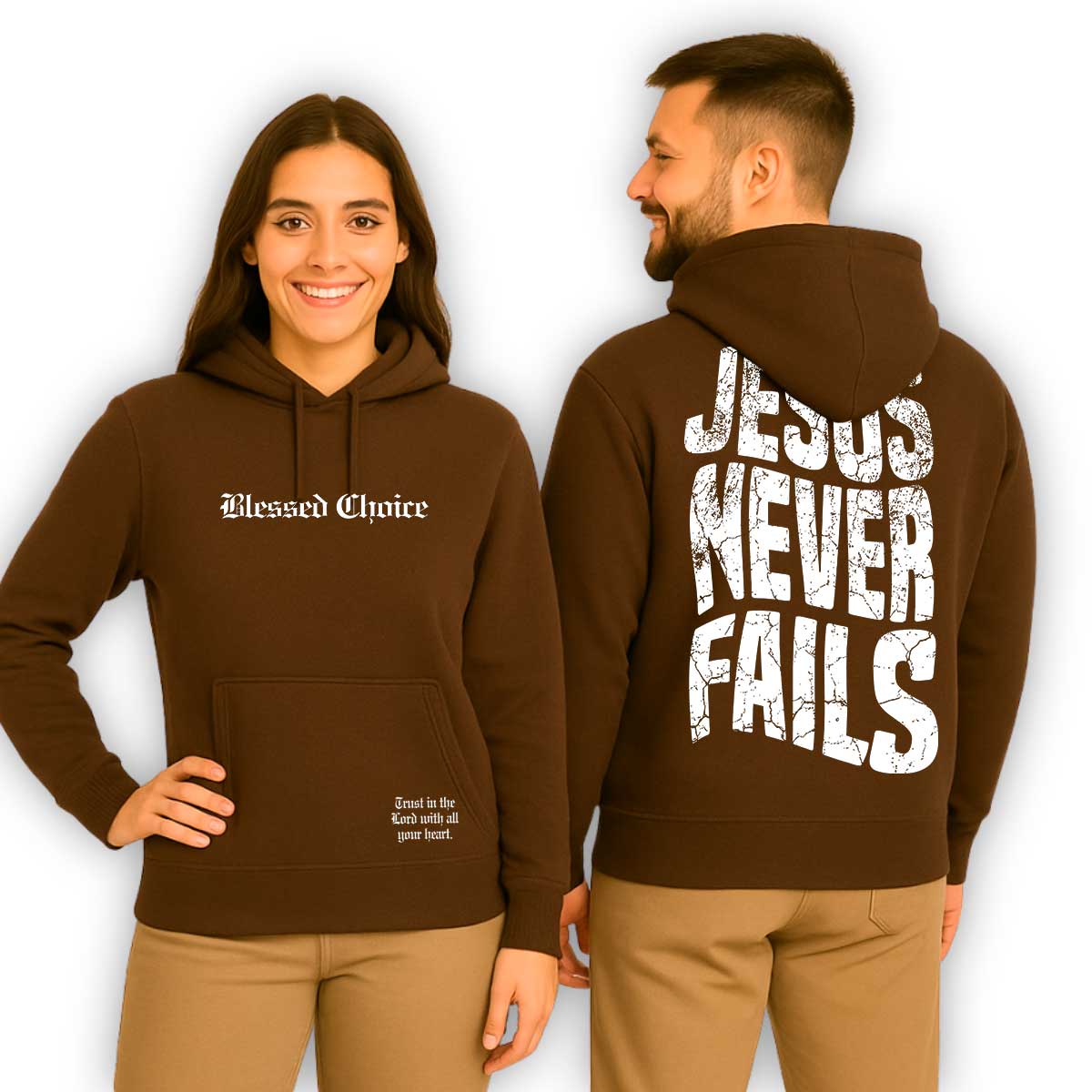 Moletom Canguru Com Capuz Marrom Jesus Never Fails