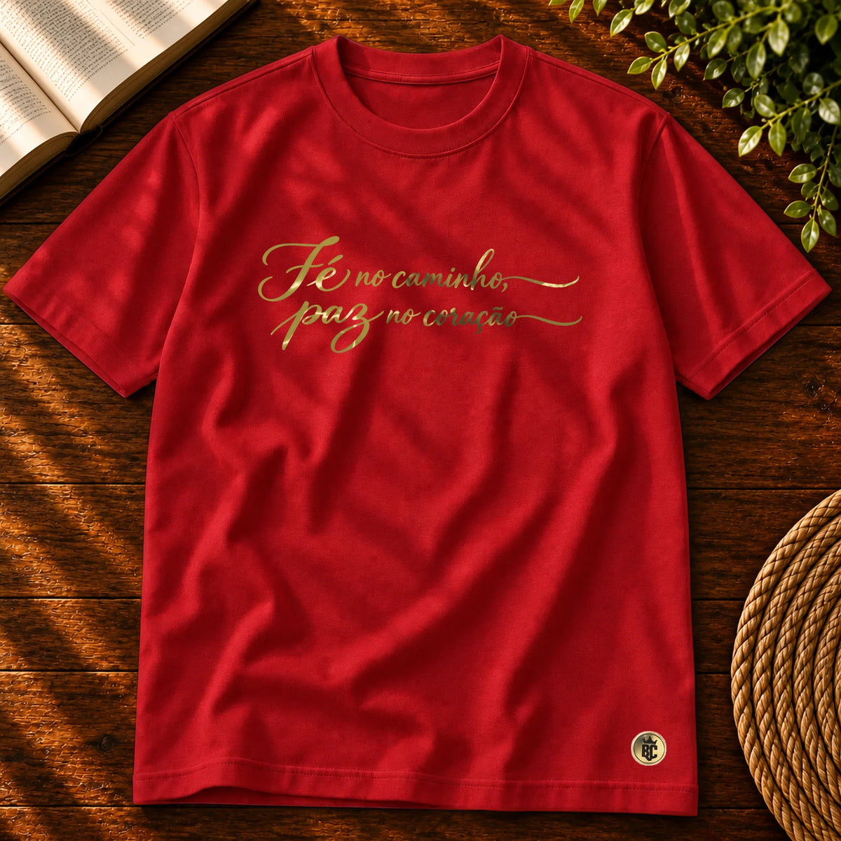 Camiseta Masculina Vermelha Fé no caminho, paz no coração — Principal 01