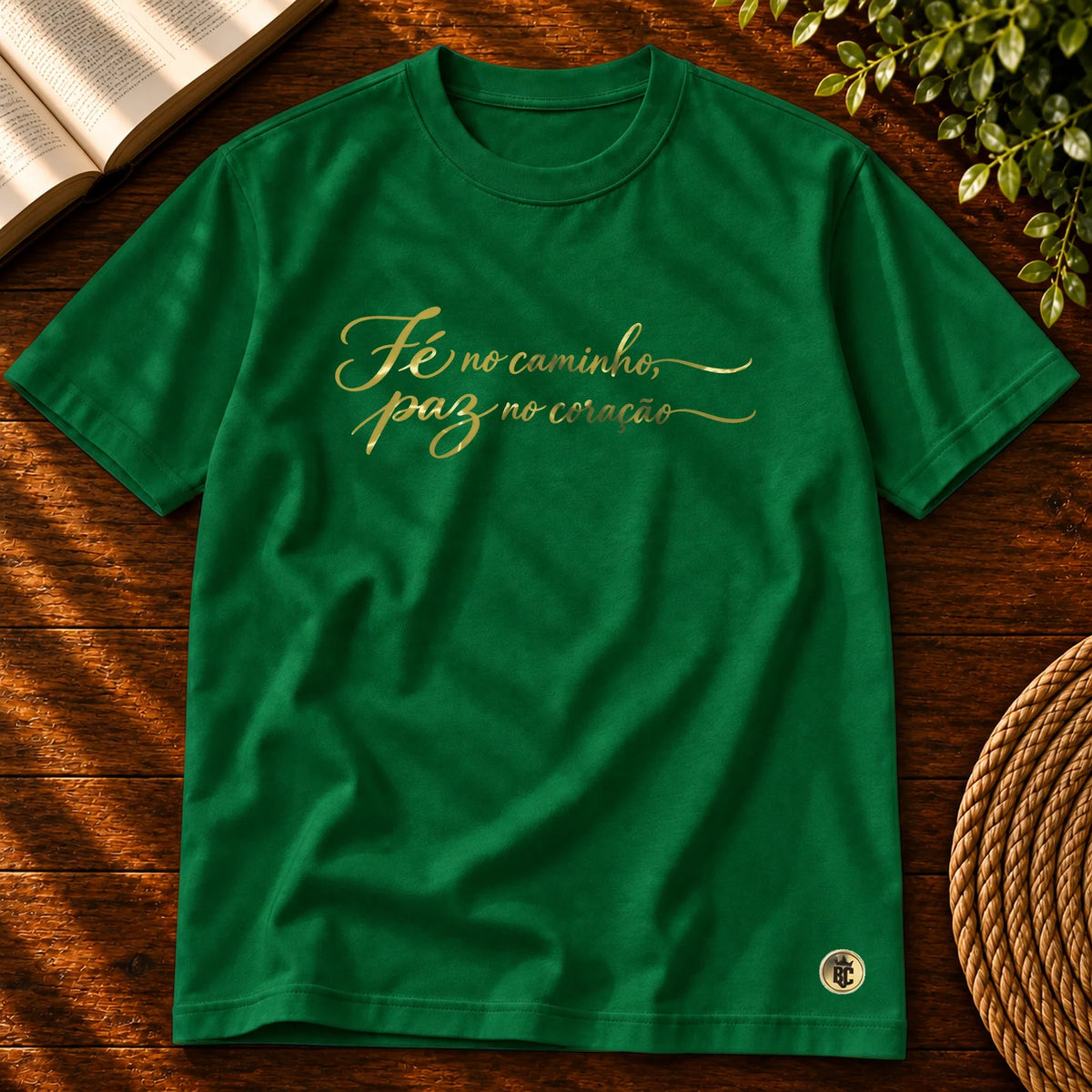 Camiseta Masculina Verde Fé no caminho, paz no coração — Principal 01