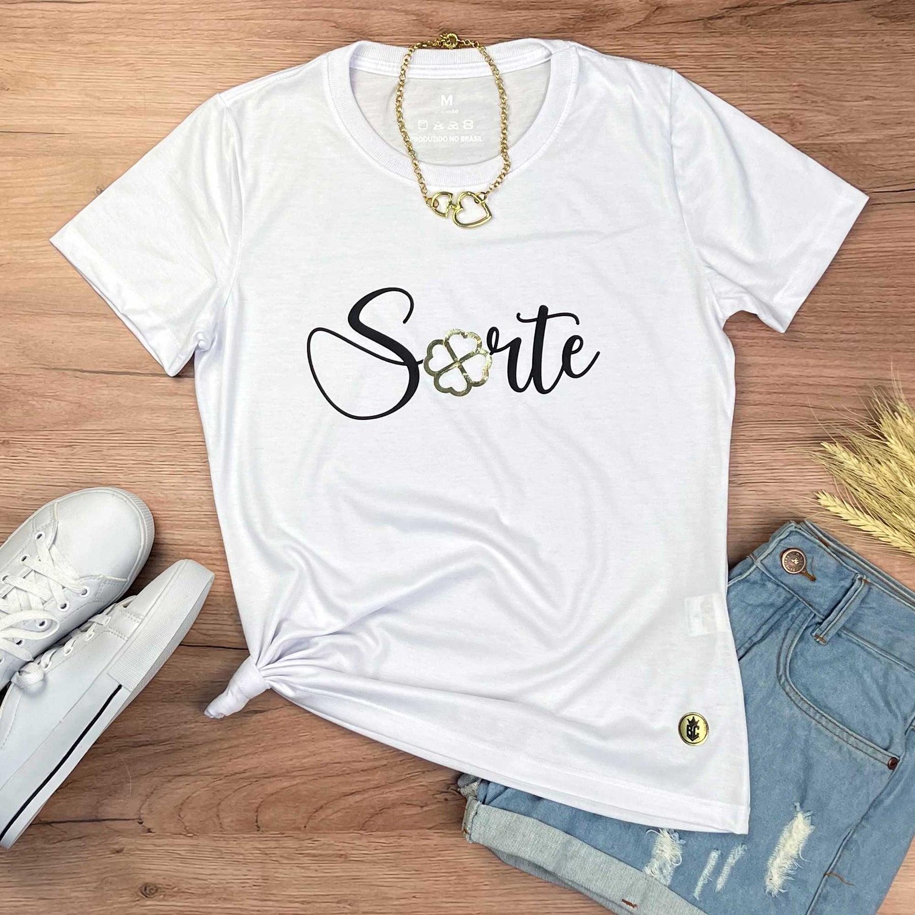 Camiseta Feminina Branca Sorte Dourado