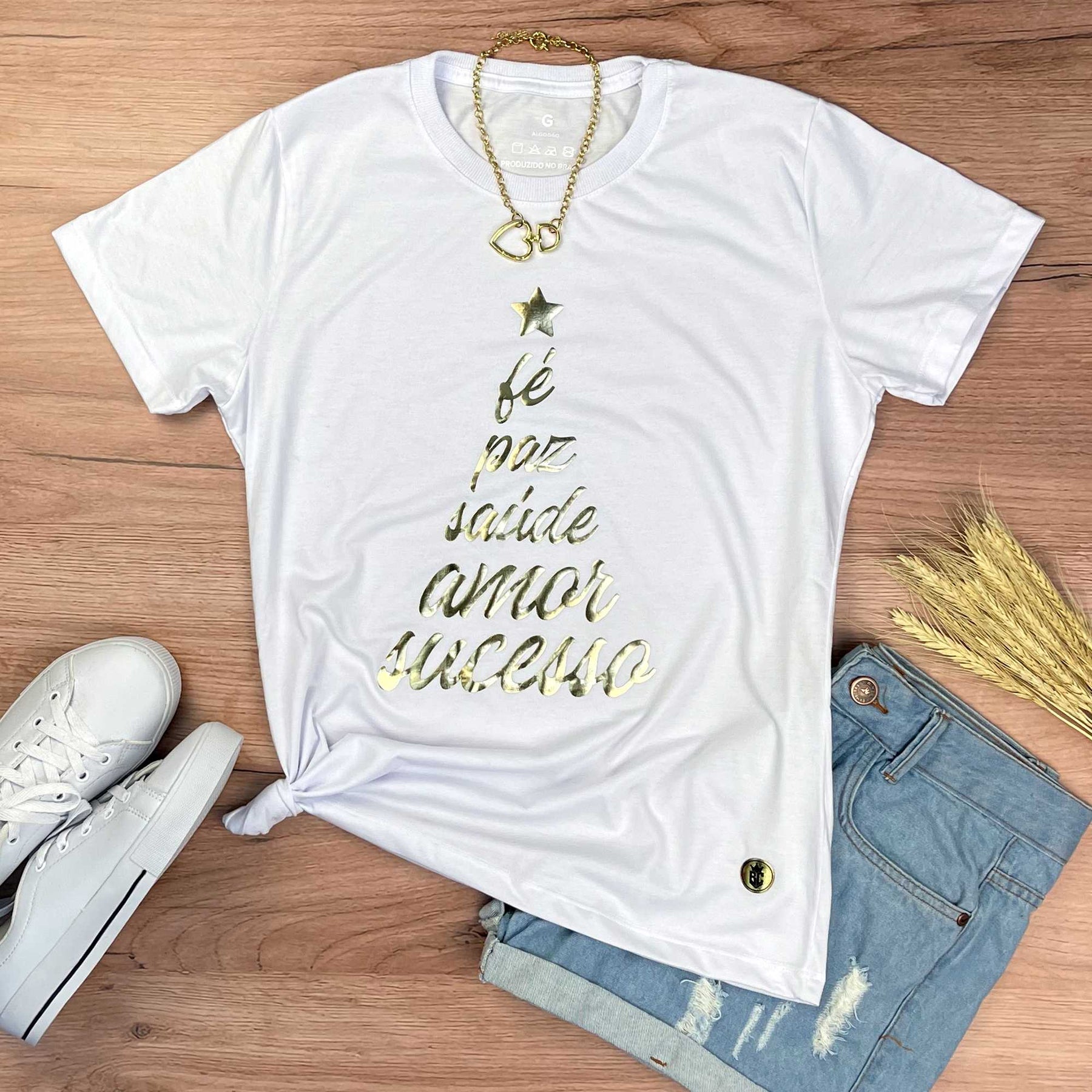 Camiseta Feminina Branca Árvore Fé Paz Dourado