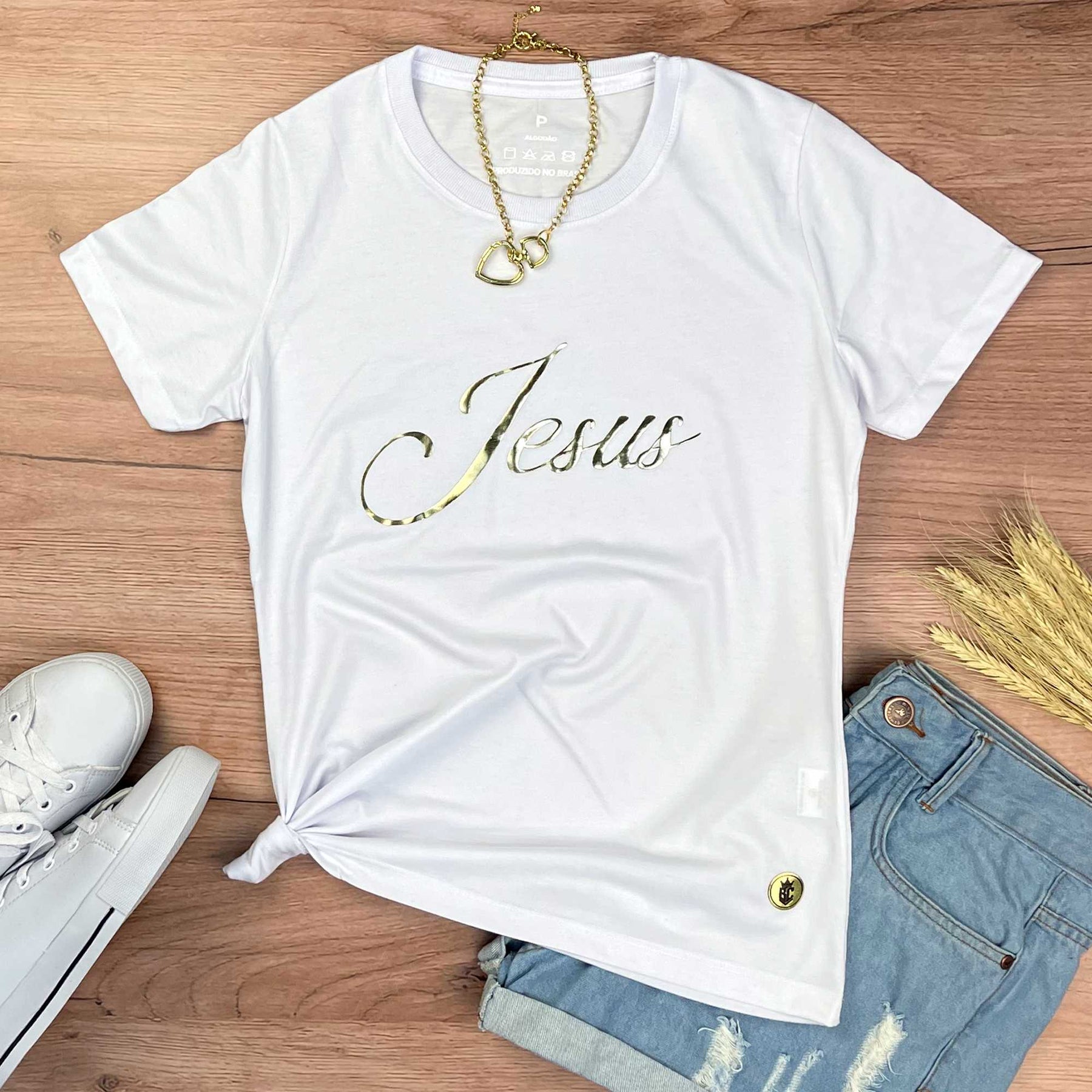 Camiseta Feminina Branca Jesus Dourado