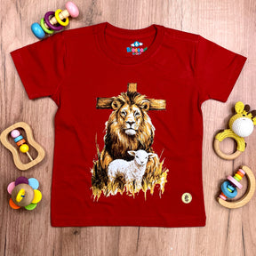 T-Shirt Infantil Vermelha Cruz Leão E Cordeiro