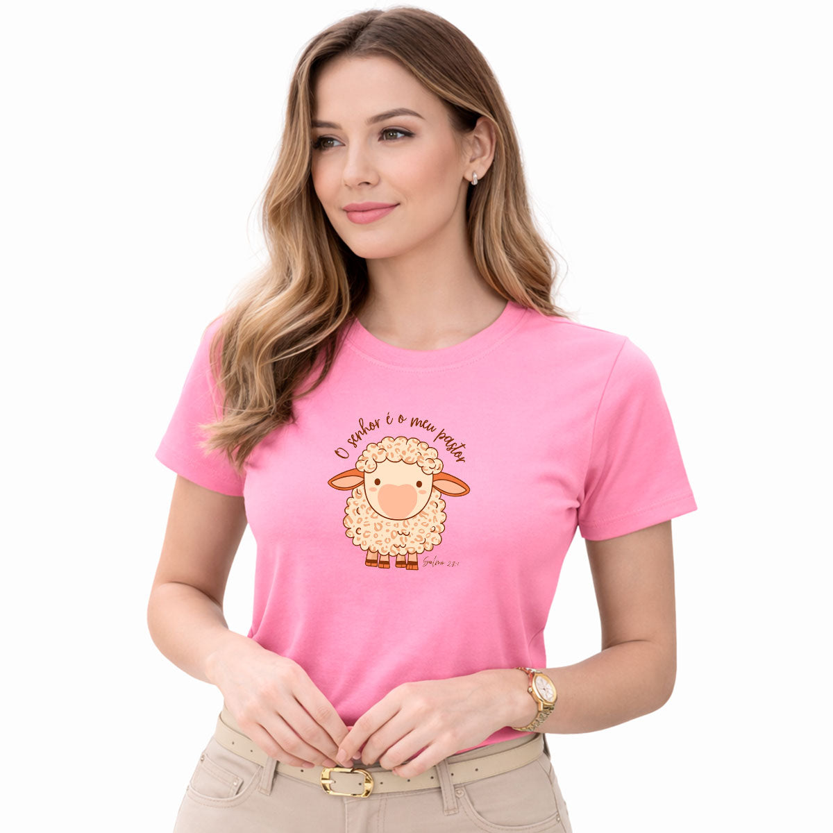 Camiseta Feminina Rosa O Senhor é o Meu Pastor Ovelha