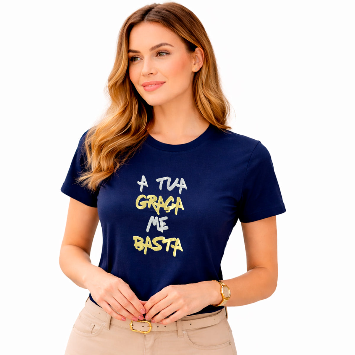Camiseta Feminina Azul A Tua Graça Me Basta  Aplique