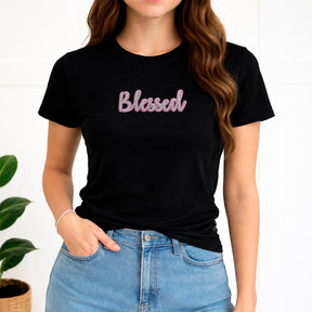 Camiseta Feminina Preta Blessed Glitter Pink Aplique