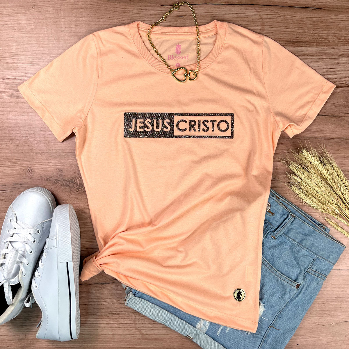 Camiseta Feminina Salmão Jesus Cristo Glitter