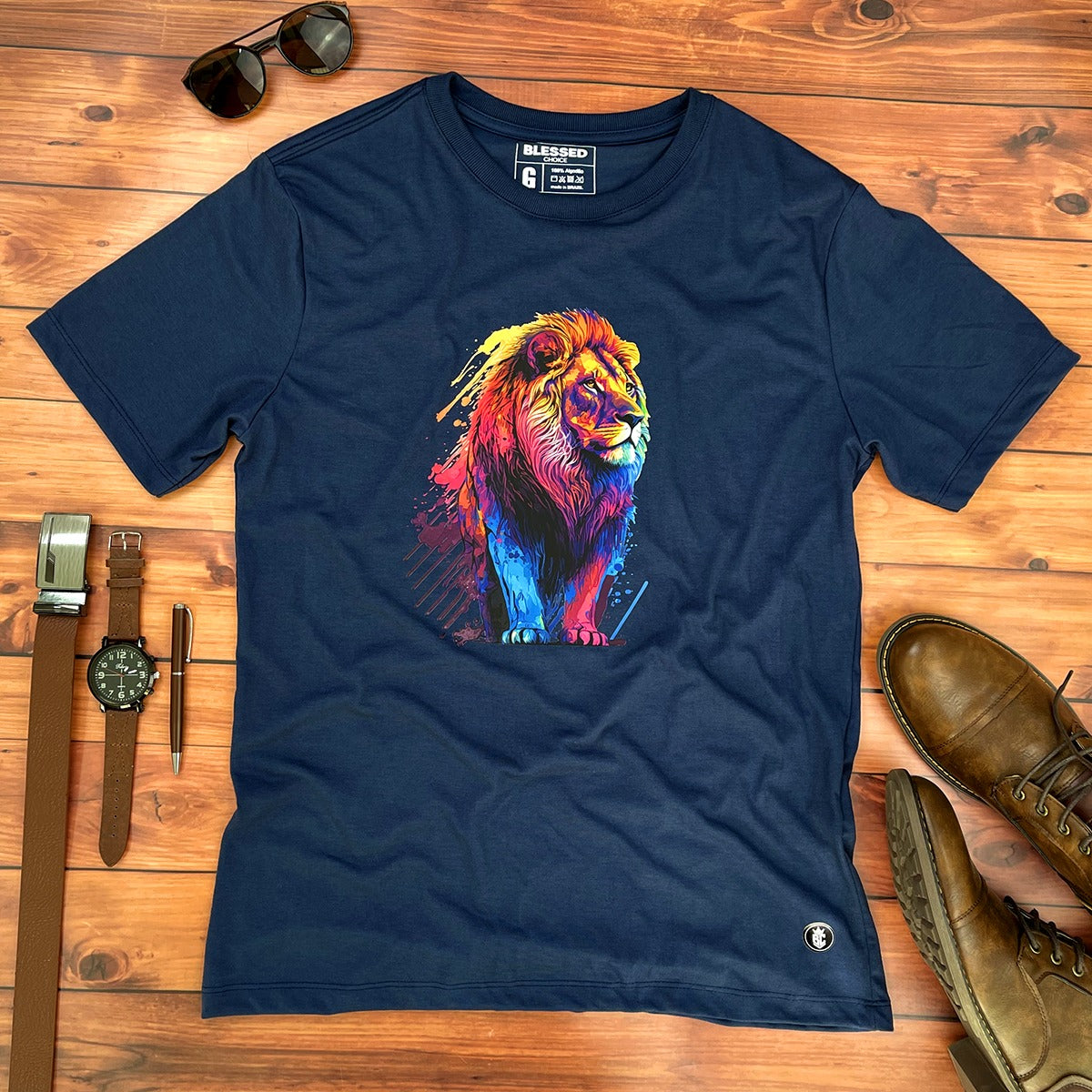 Camiseta Masculina Azul Leão Colorido