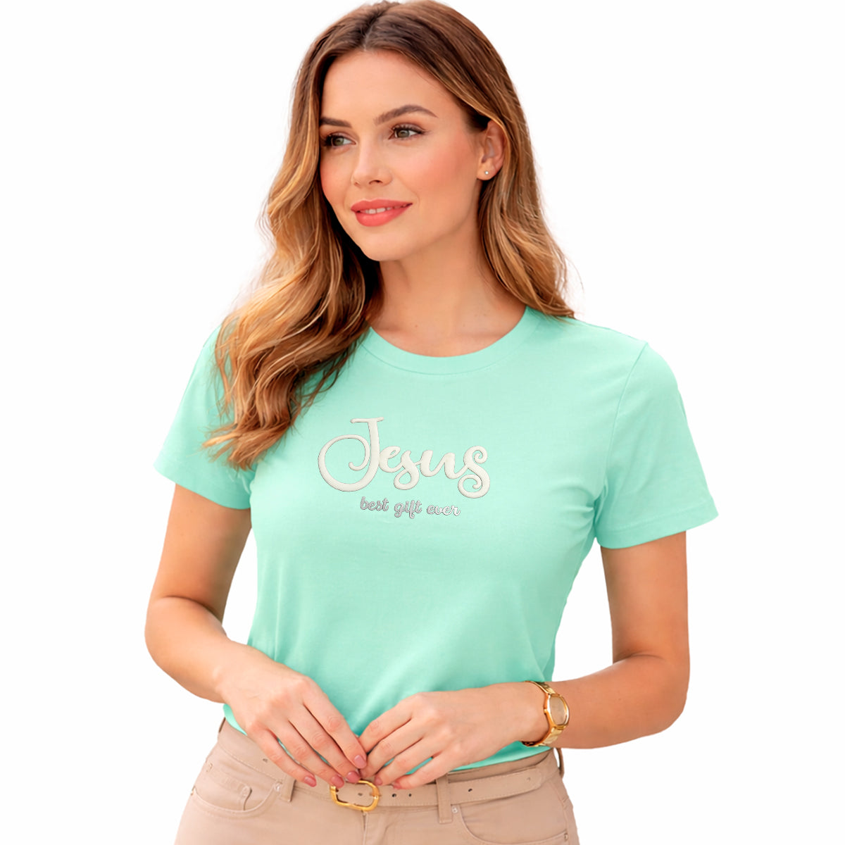 Camiseta Feminina Verde Menta Jesus Best Gift Ever Veludo