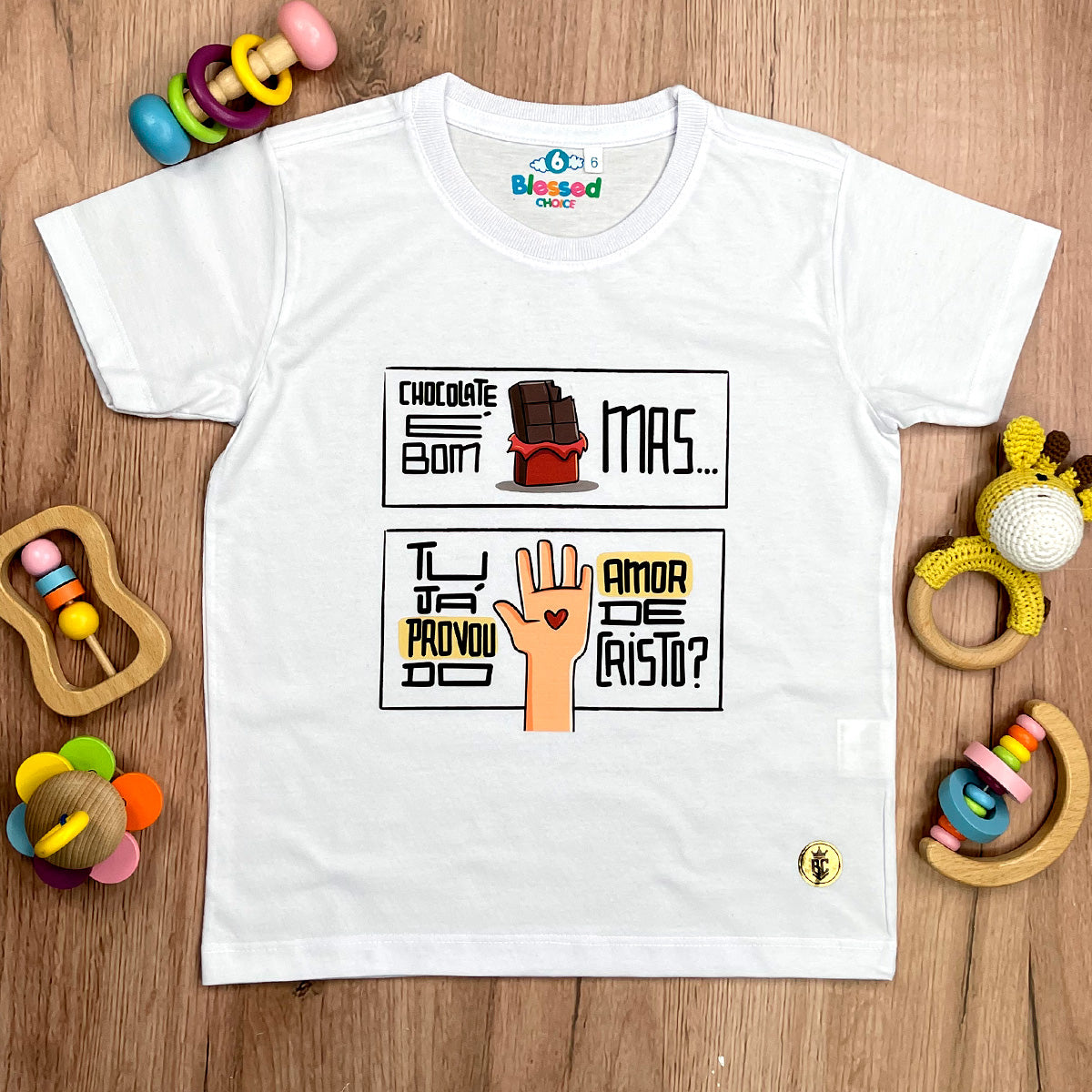 T-Shirt Infantil Branca Chocolate É Bom Mas Tu Já Provou Do Amor De Cristo?