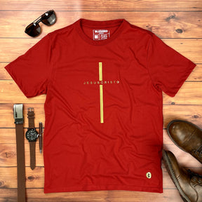 Camiseta Masculina Vermelha Cruz Dourada Jesus Cristo