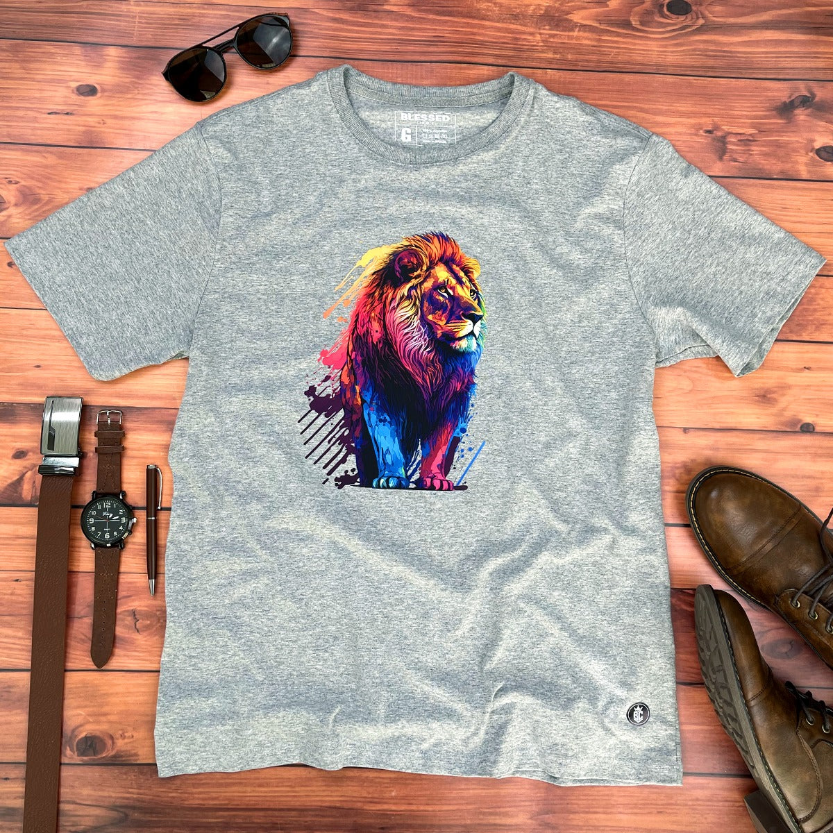 Camiseta Masculina Cinza Leão Colorido