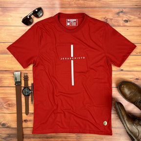 Camiseta Masculina Vermelha Cruz Prata Jesus Cristo