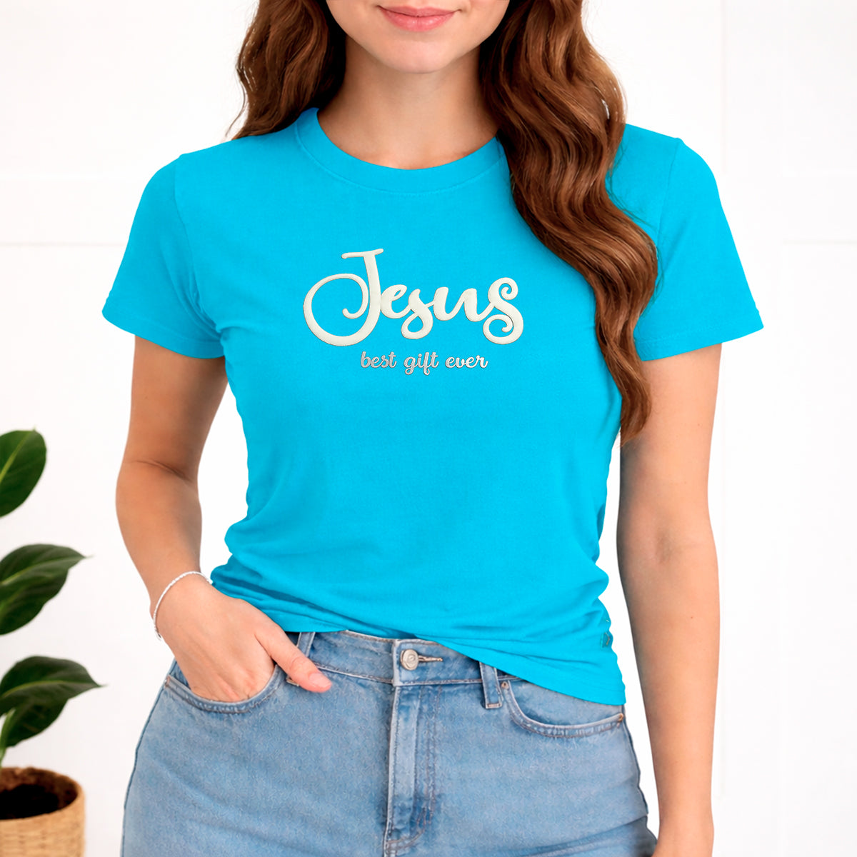 Camiseta Feminina Turquesa Jesus Best Gift Ever Veludo