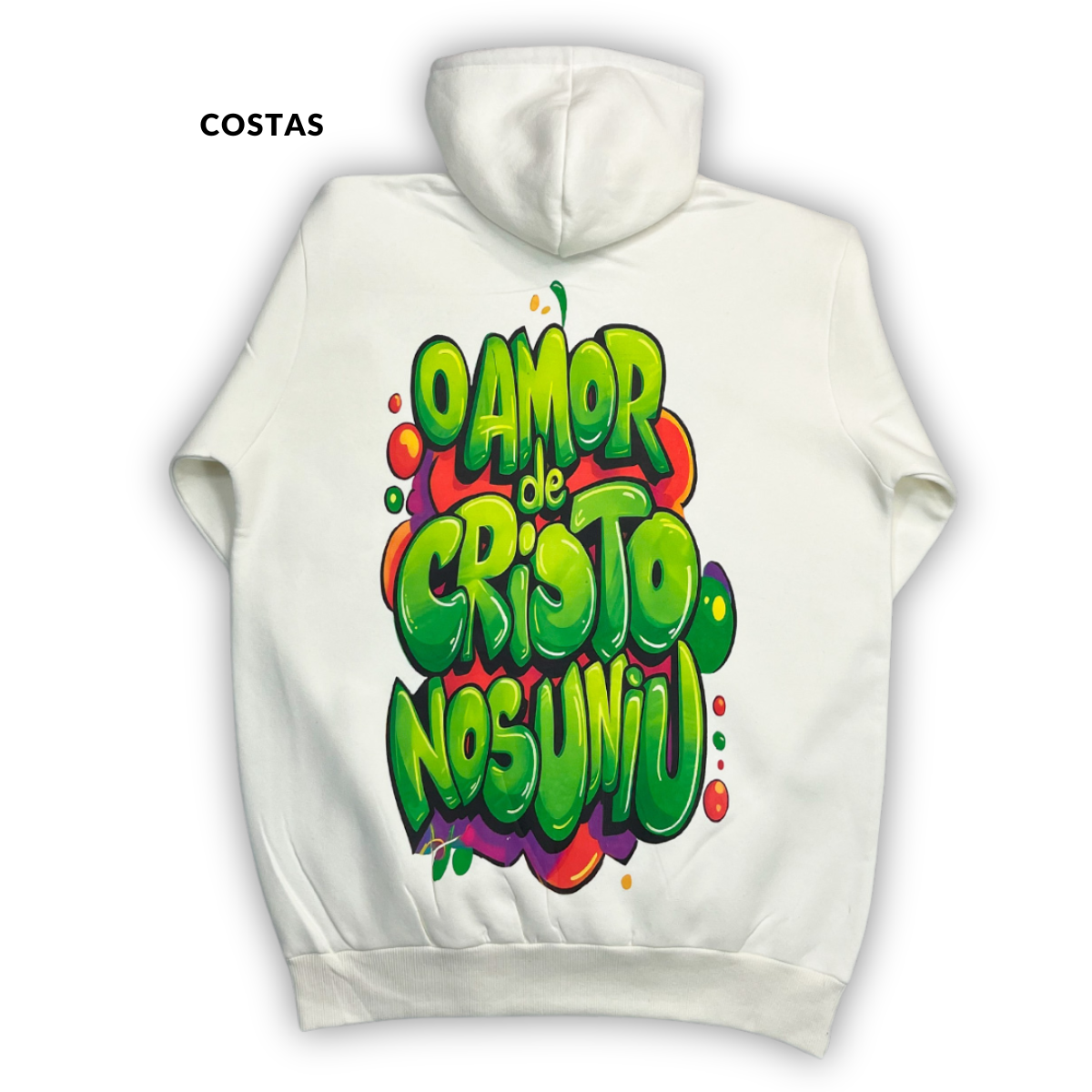 Moletom Canguru Com Capuz Off White O Amor De Cristo Nos Uniu