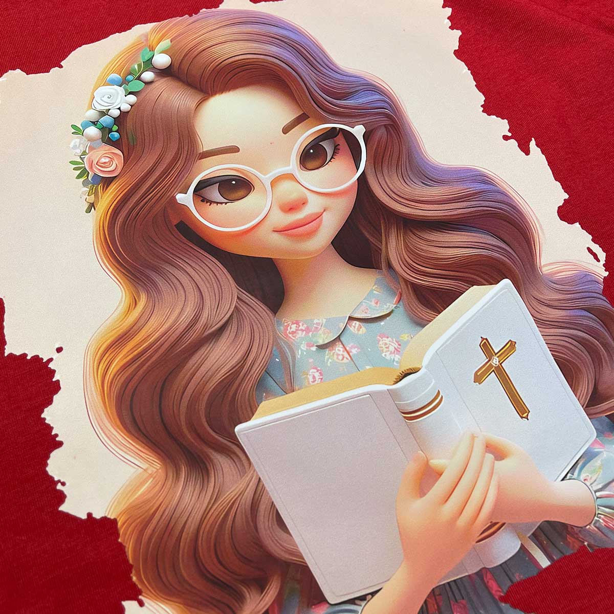 T-Shirt Infantil Vermelha Garota Bíblia Branca