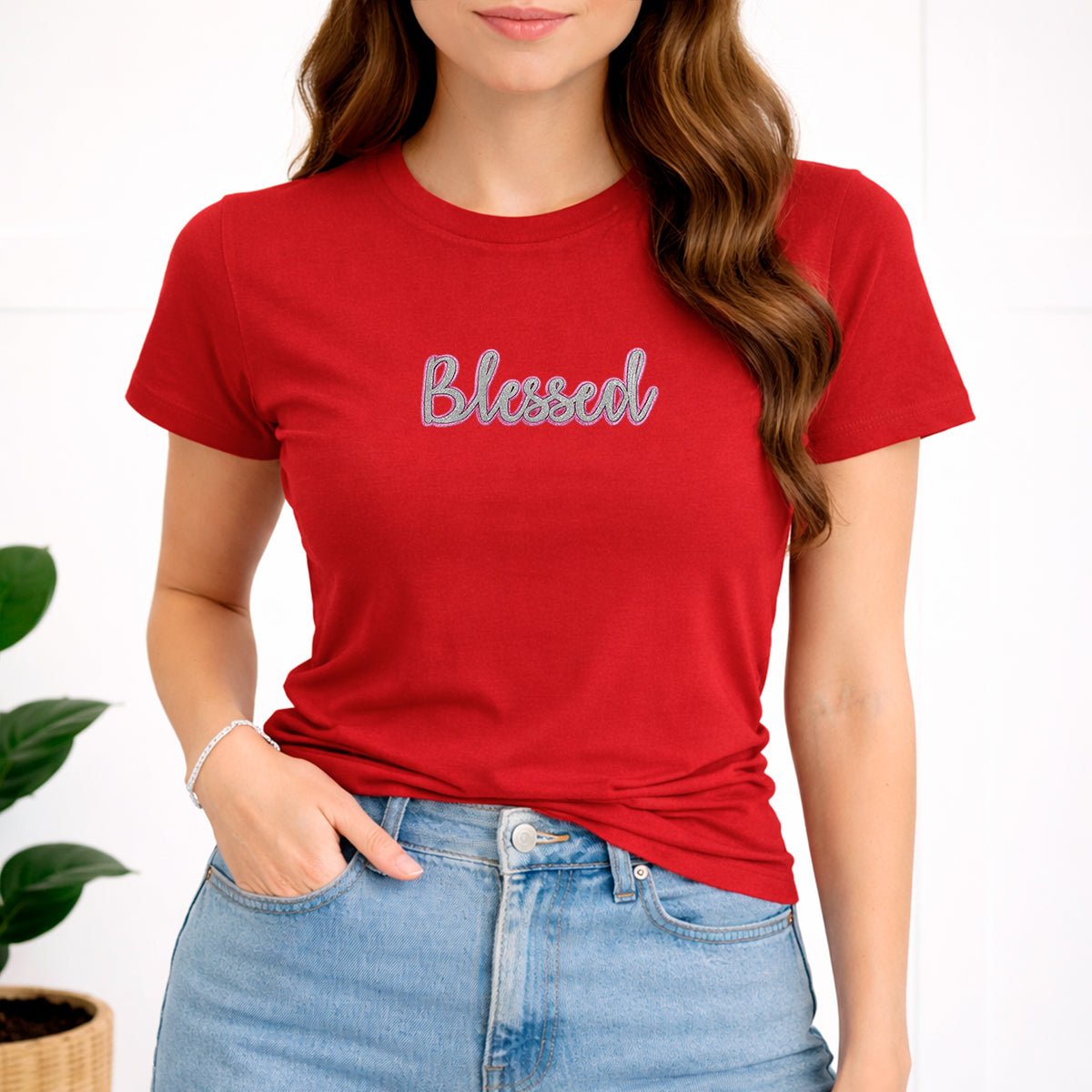 Camiseta Feminina Vermelha Blessed Glitter Pink Aplique