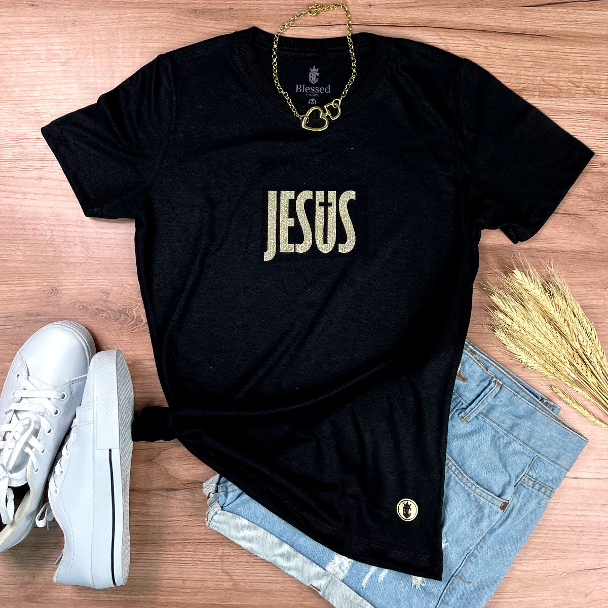 Camiseta Feminina Preta Jesus Cruz Glitter