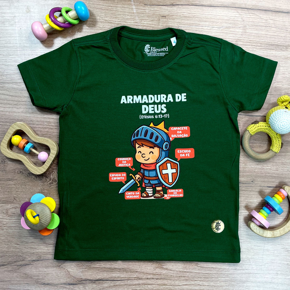 T-Shirt Infantil Verde Armadura De Deus