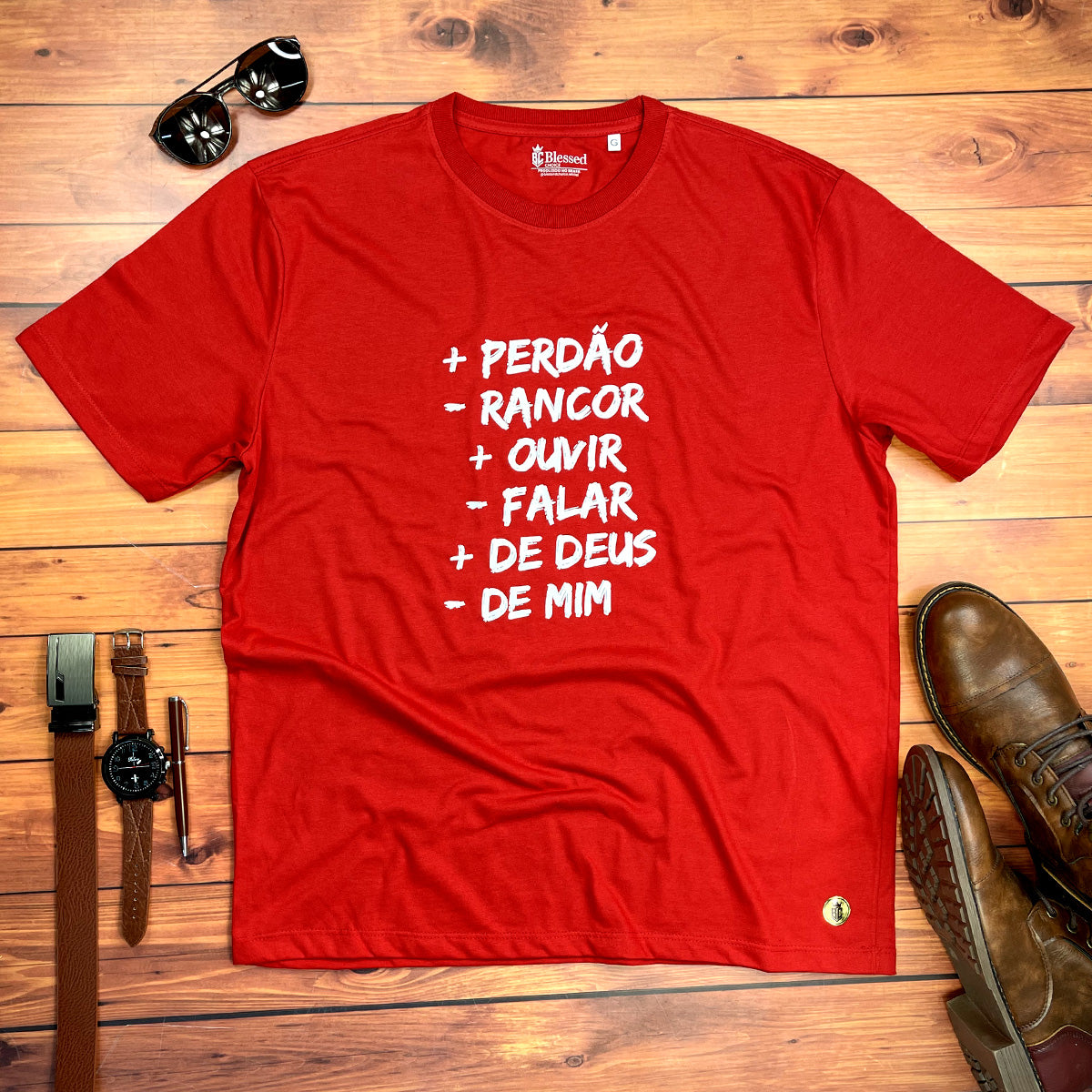 Camiseta Masculina Vermelha + Perdão - Rancor