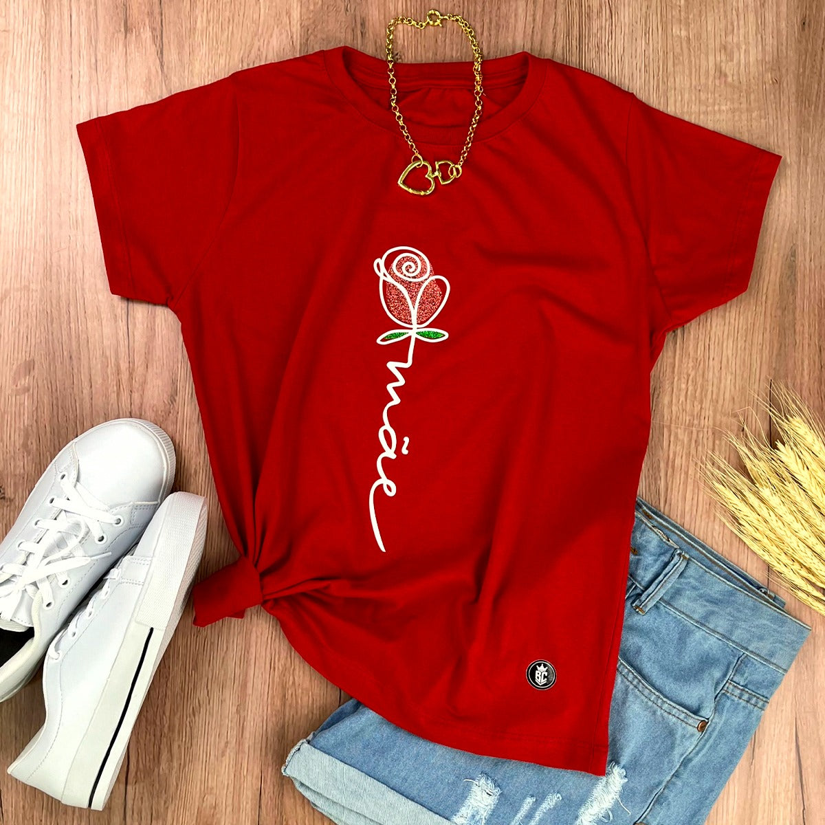 Camiseta Feminina Vermelha Mãe Flor