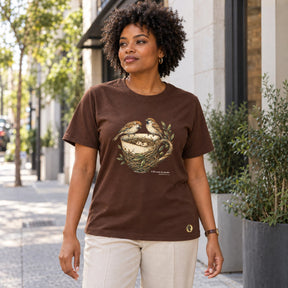 Camiseta Feminina Marrom O Pai cuida dos pardais