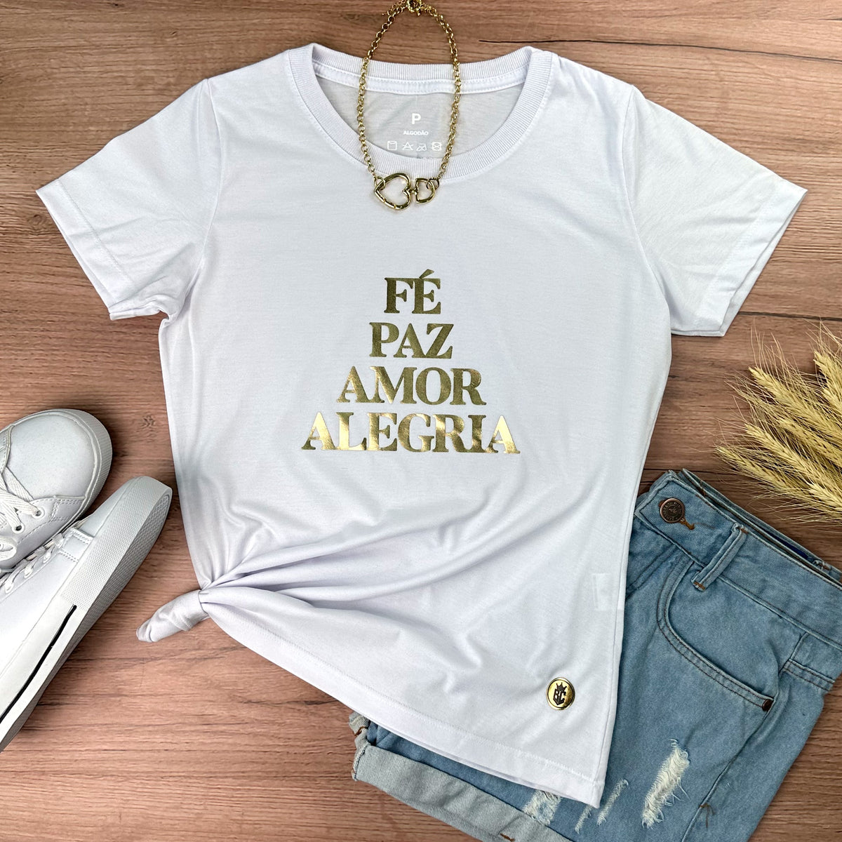 Camiseta Feminina Branca Fé Paz Dourado