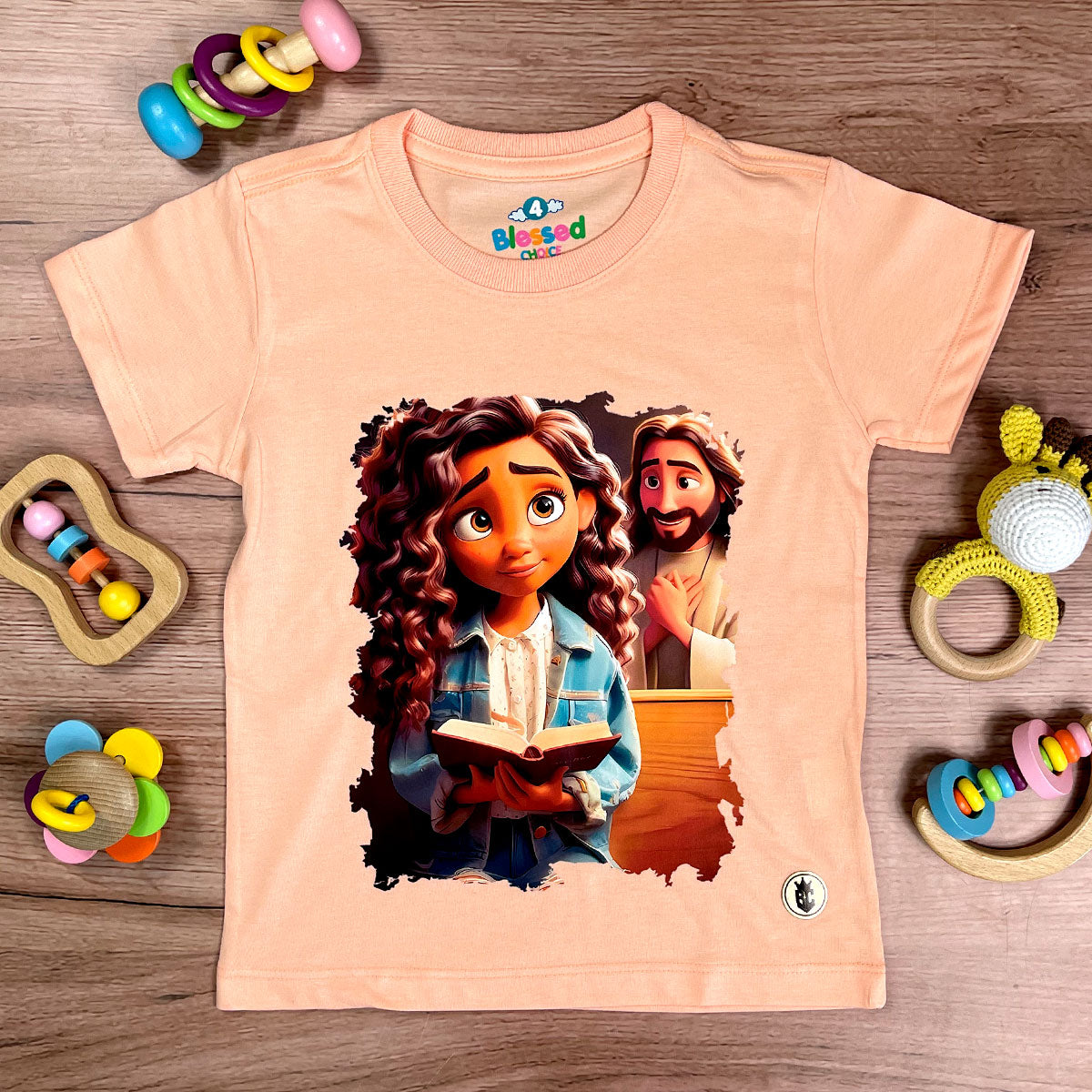 T-Shirt Infantil Salmão Garota Bíblia Jesus