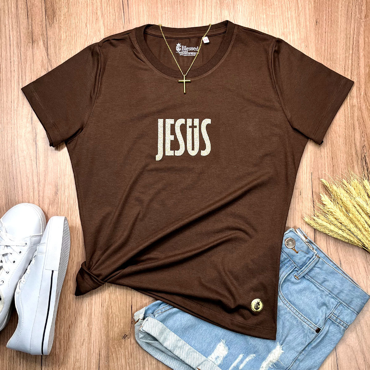 Camiseta Feminina Marrom Jesus Cruz Glitter