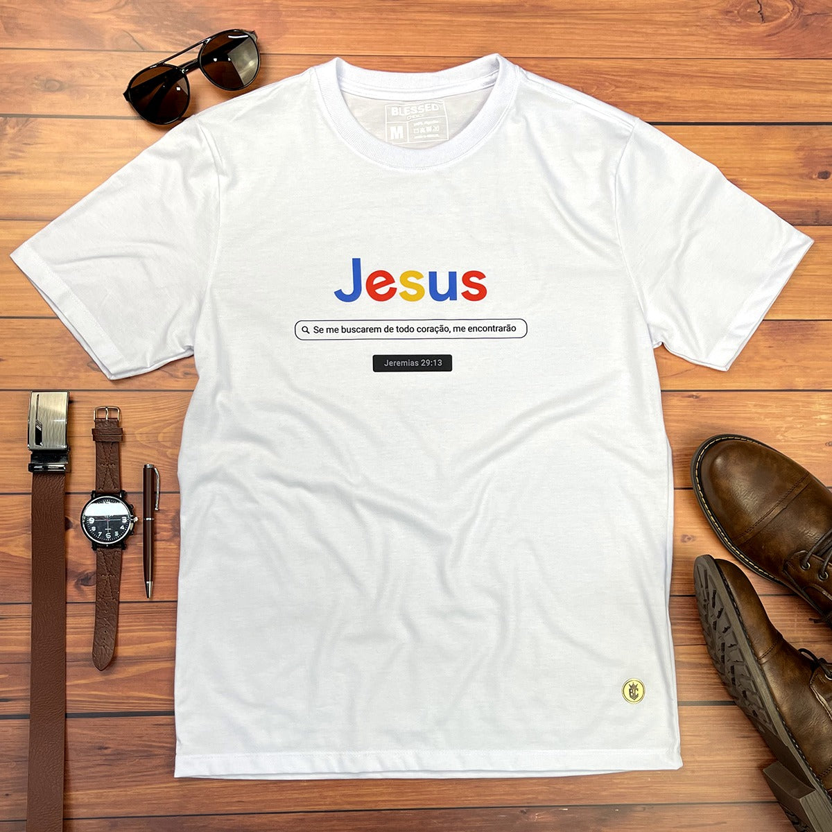 Camiseta Masculina Branca Jesus Se me buscarem de todo coração, me encontrarão